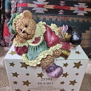 Vintage Ganz Bear "Ringing In Xmas" stocking holder, model number 25391. Mint